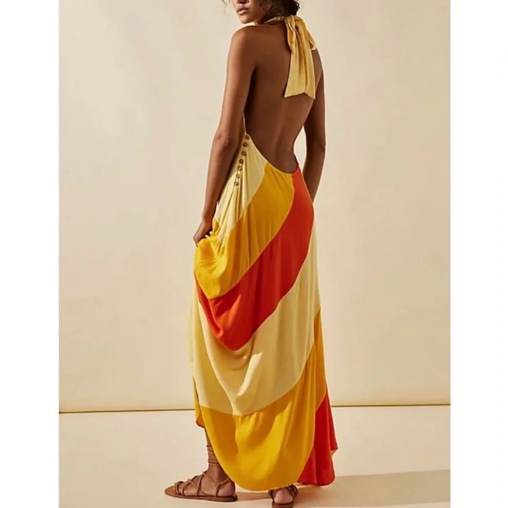 Free People Yellow Cream Maxi Dress with Orange Stripe
